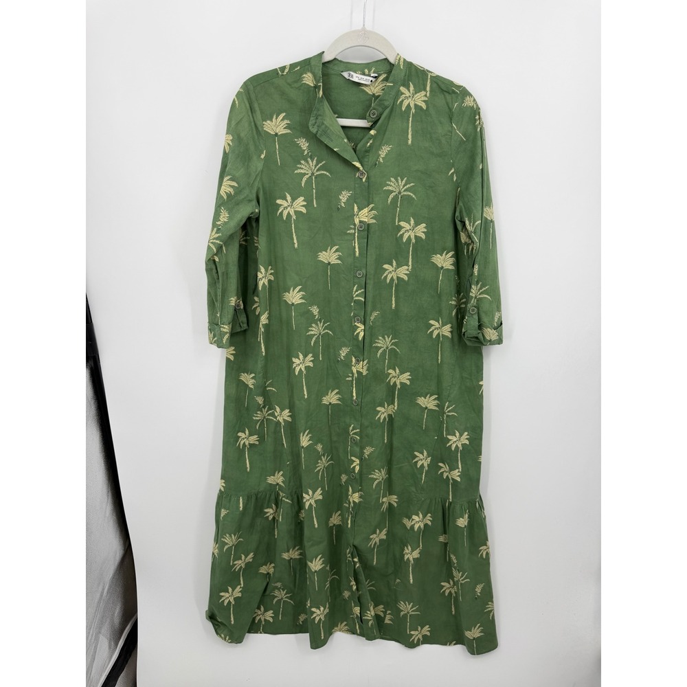 Zara Palm Tree Print Shirt Dress Womens Size M Green Cotton Tiered Midi Boho